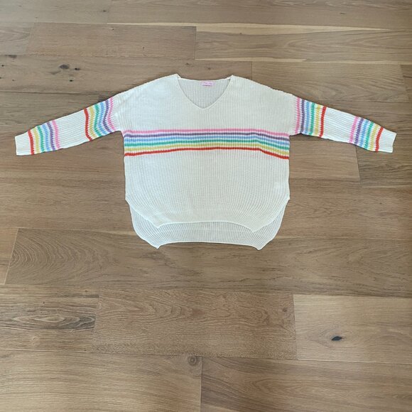 Pink Lily White Sweater w Pastel Rainbow Stripes Size M/L - Picture 8 of 9